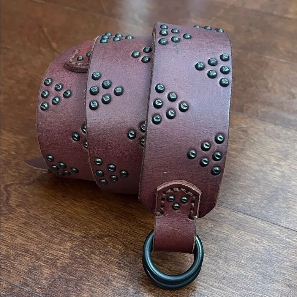 Western Boho Thick Brown Leather Belt with Stud Accents, D Ring Closure